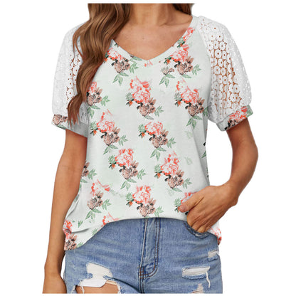 V-neck Lace Stitching Casual T-shirt For Women