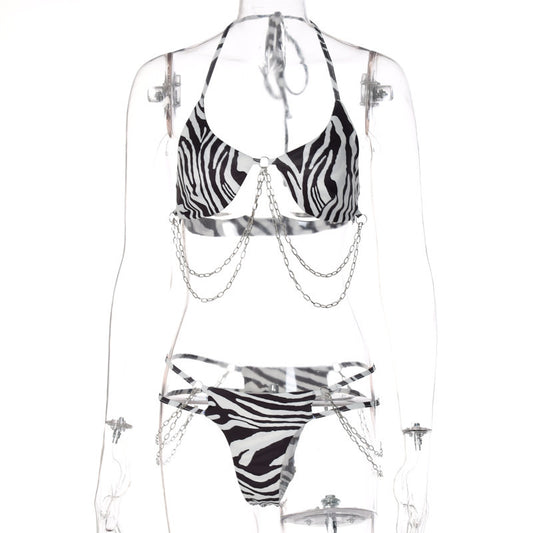 Printed Tether Chain Bikini Fashion Swimsuit Set