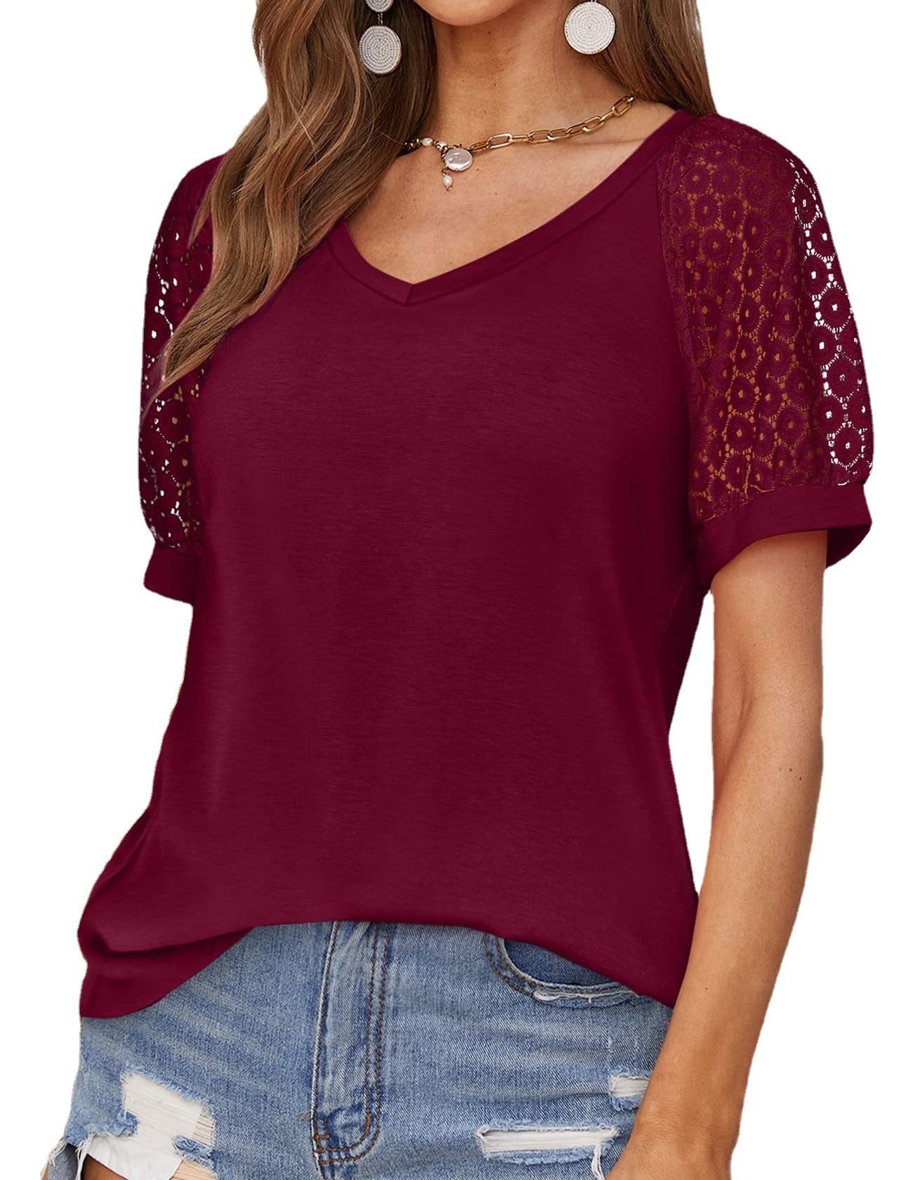 V-neck Lace Stitching Casual T-shirt For Women