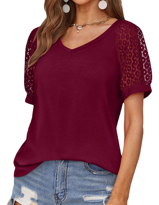 V-neck Lace Stitching Casual T-shirt For Women