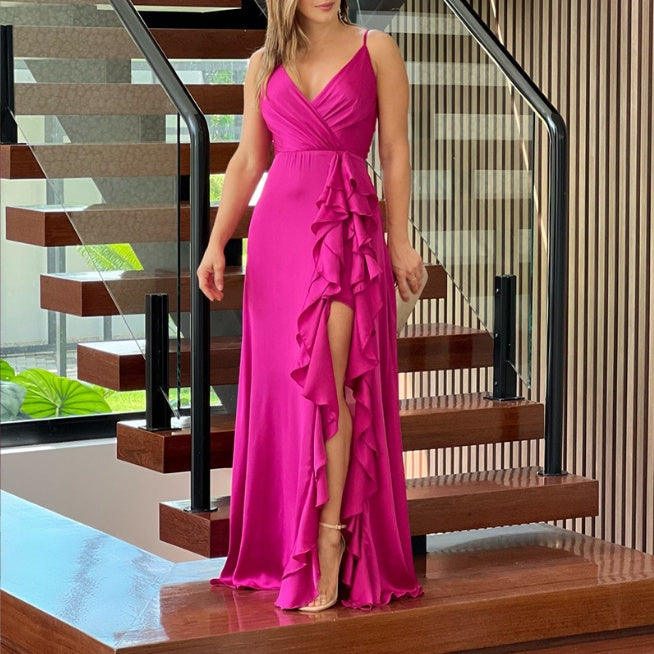 European And American Women's Clothing Summer New V-neck Brace High Waist Ruffles Irregular Slit Dress