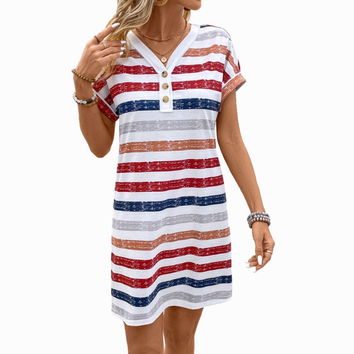 Color Striped Button V-neck Dress