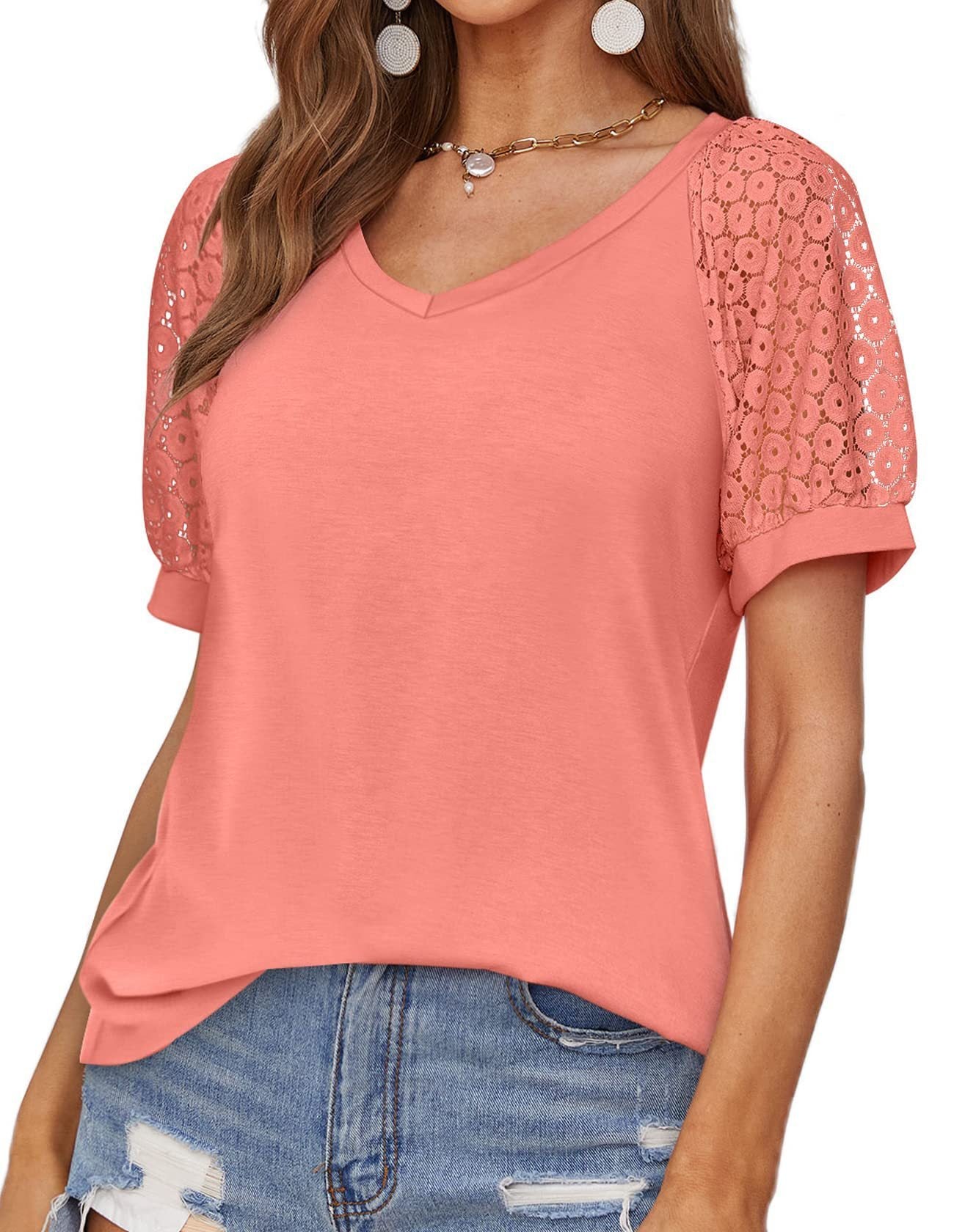V-neck Lace Stitching Casual T-shirt For Women