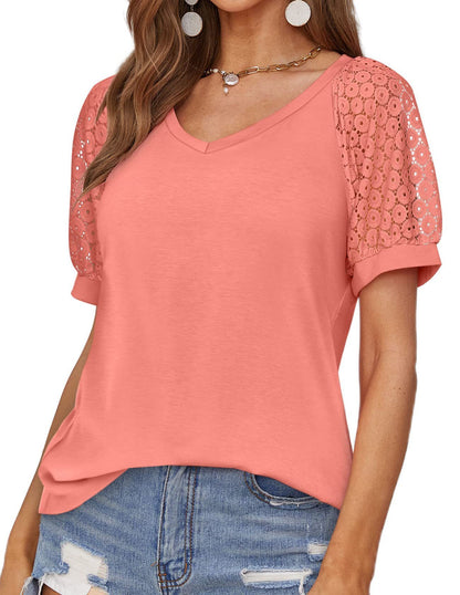 V-neck Lace Stitching Casual T-shirt For Women
