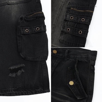 Washed Hole Denim Overalls Men