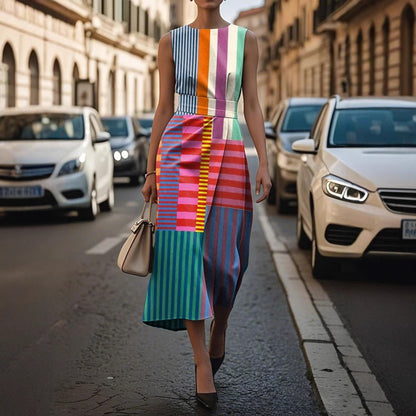 Sleeveless Plus Size Artistic Oil Painting Stripes Elegant Dress