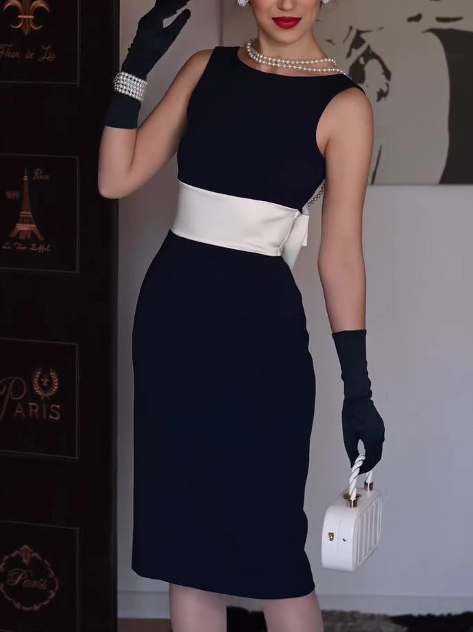 Black And White Contrast Bow Sleeveless Dress