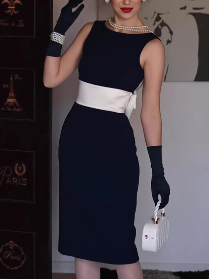 Black And White Contrast Bow Sleeveless Dress