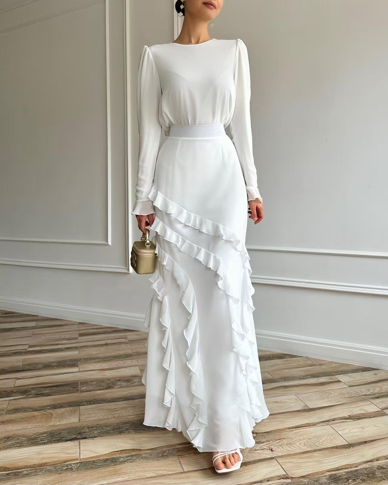 Three-dimensional Ruffled Slim Fit Long Dress Two-piece Set