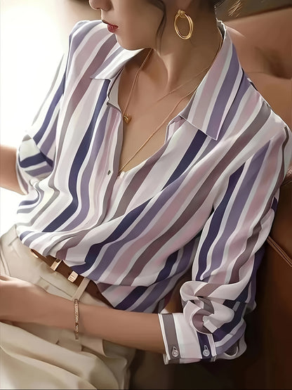 Color Blocking Temperament Striped Shirt For Women