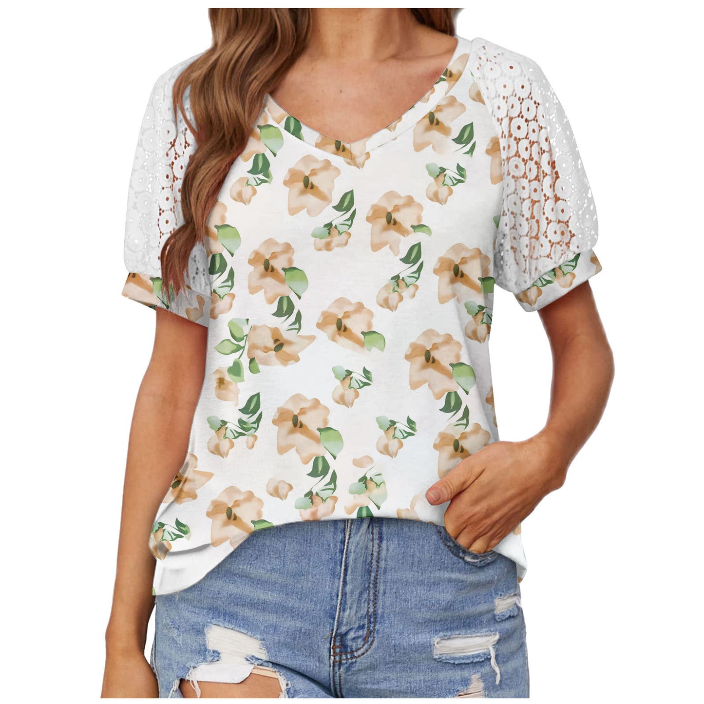 V-neck Lace Stitching Casual T-shirt For Women