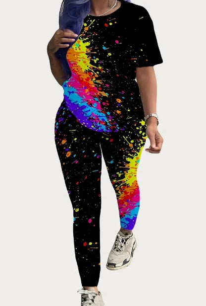 Women's  Printed Round Neck T-Shirt And Leggings Set