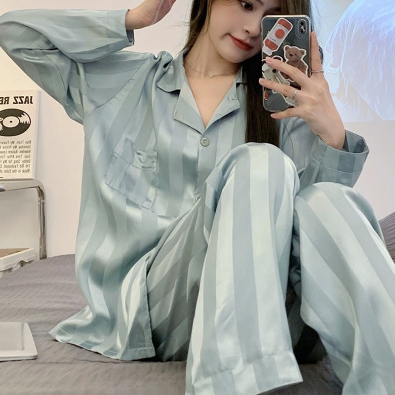 Women's Ice Silk Long Sleeve Home Pajama Set