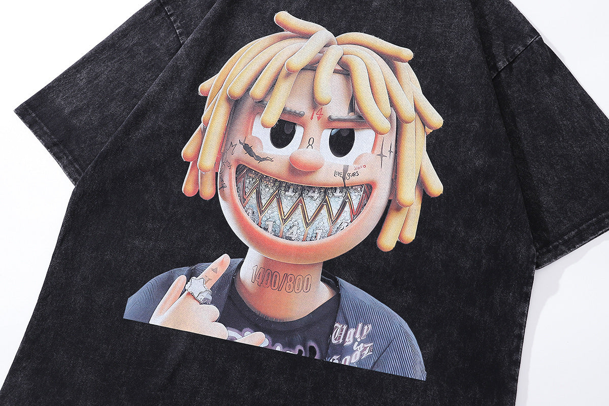 Retro Cartoon Printed Loose Round Neck Short Sleeve T-shirt