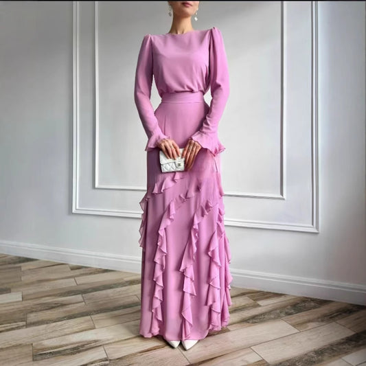 Three-dimensional Ruffled Slim Fit Long Dress Two-piece Set