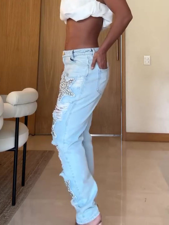 Five-pointed Star Hot Diamond Ripped Jeans